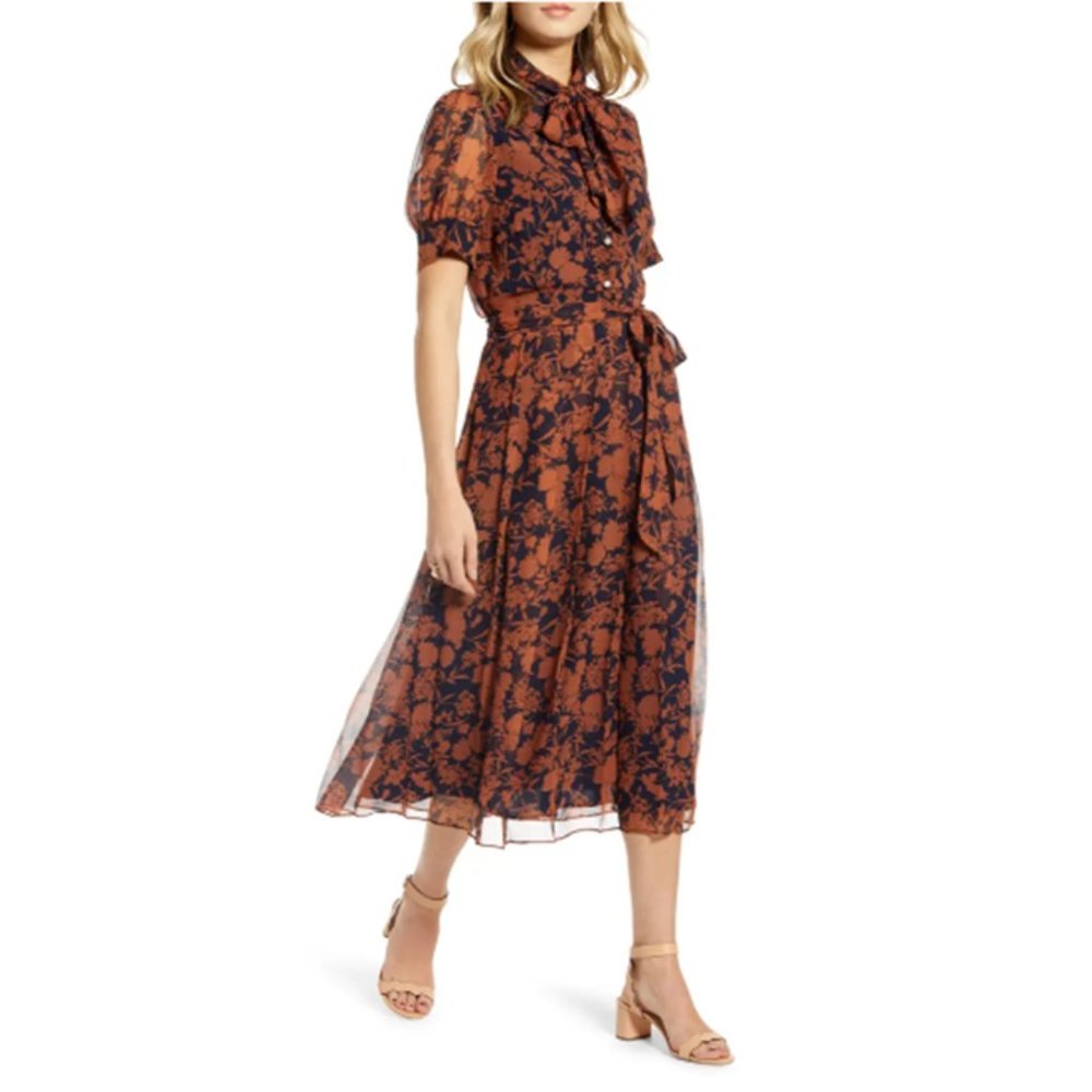 NEW 1901 Floral Print Pearl Pleated Chiffon Dress